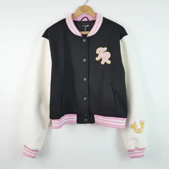 New Women’s True Religion Script Horseshoe Varsity Jacket Size L Pink Academia - Picture 1 of 11